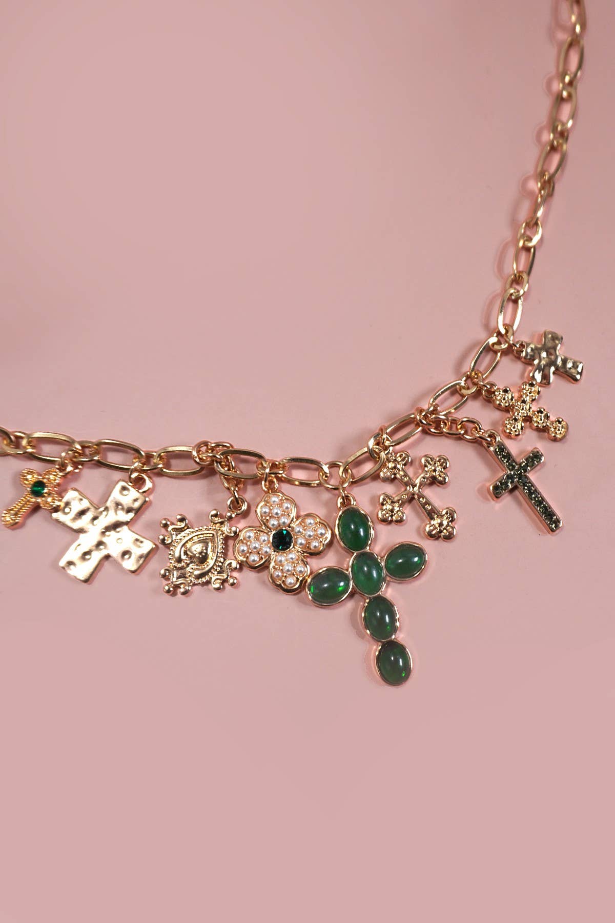 GOLD CHARM NECKLACE-MULTI CROSS CHARMS NECKLACE | 80N1290 for wholesale on Faire1