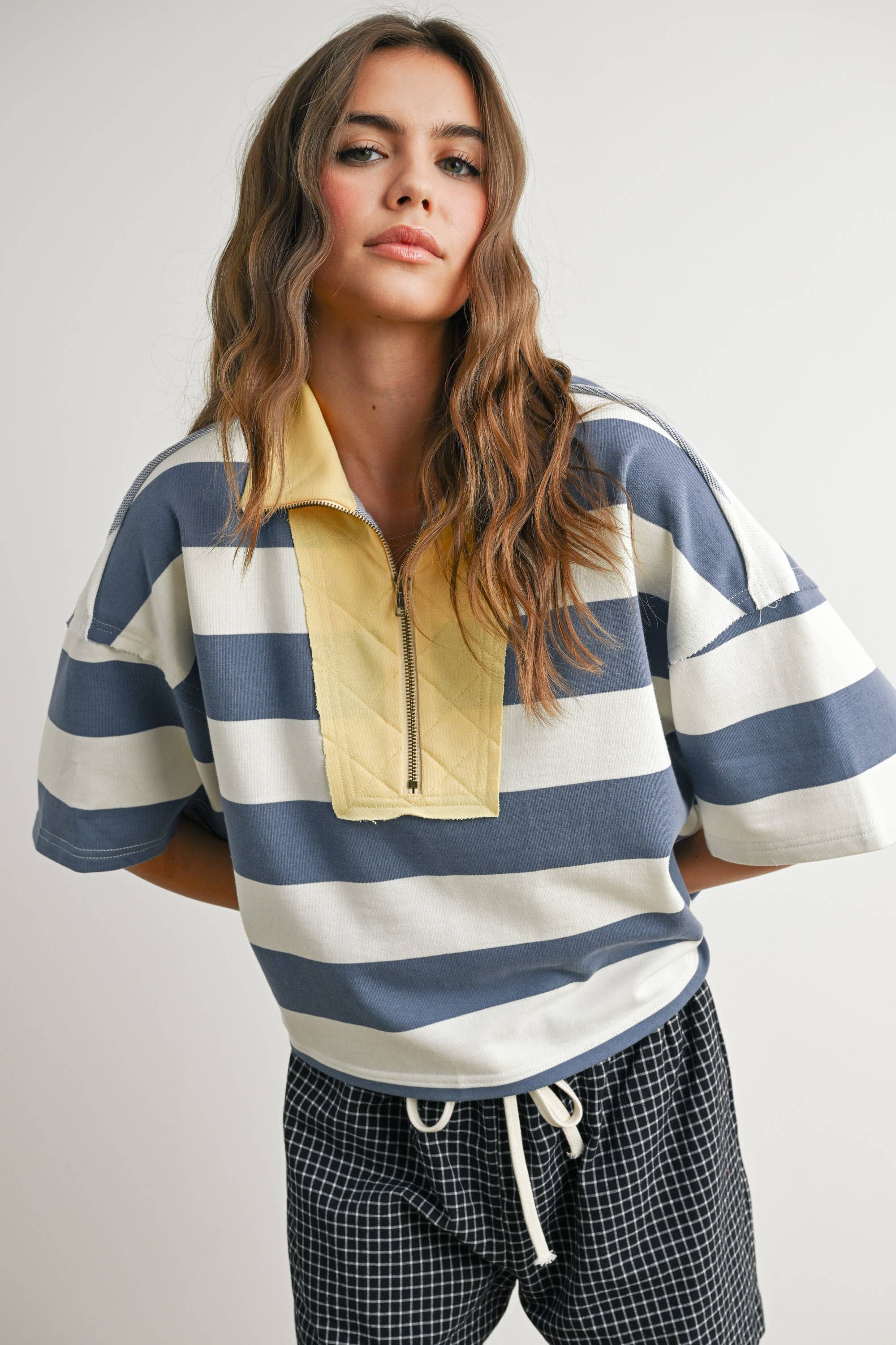 BLUE MULTI Oversized Striped Zip-Up Polo Shirt - BMT7711 for wholesale on Faire4