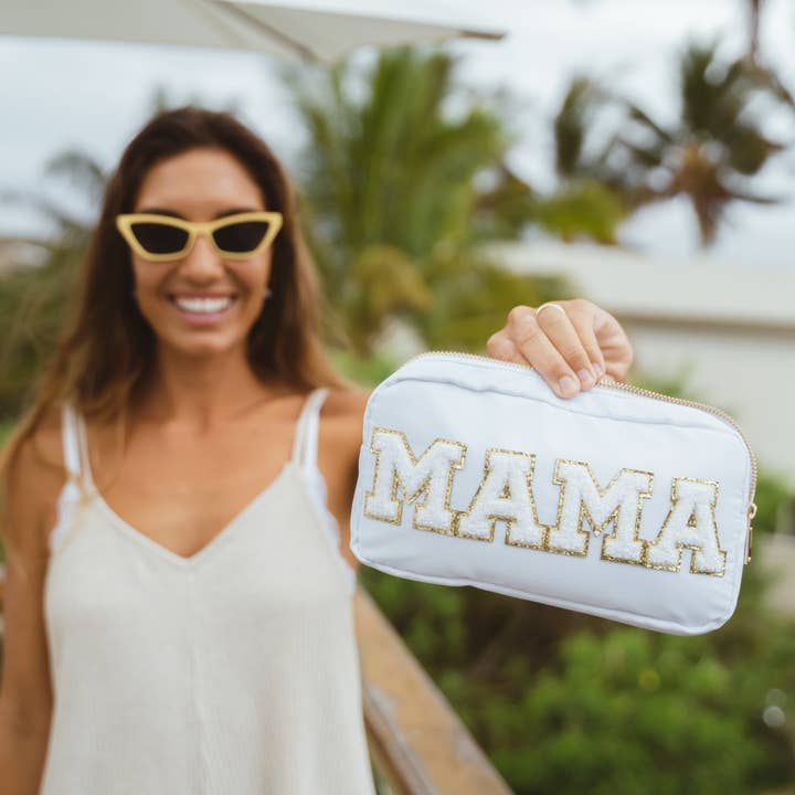 Natalia - Wholesale Pouch - Women's - Preppy White Nylon Glitter Chenille Letter Patch Bag - MAMA