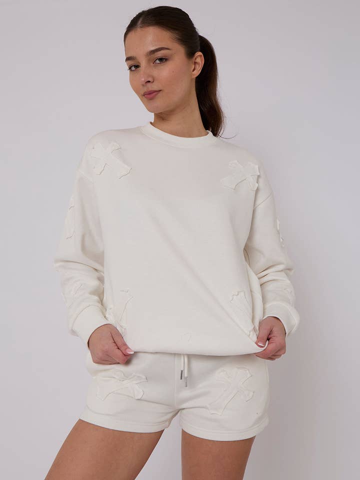 AX Labels - Wholesale Lounge Set - Women's - Crucifix Embroidered Sweatshirt & Shorts Fleece Co-ord33