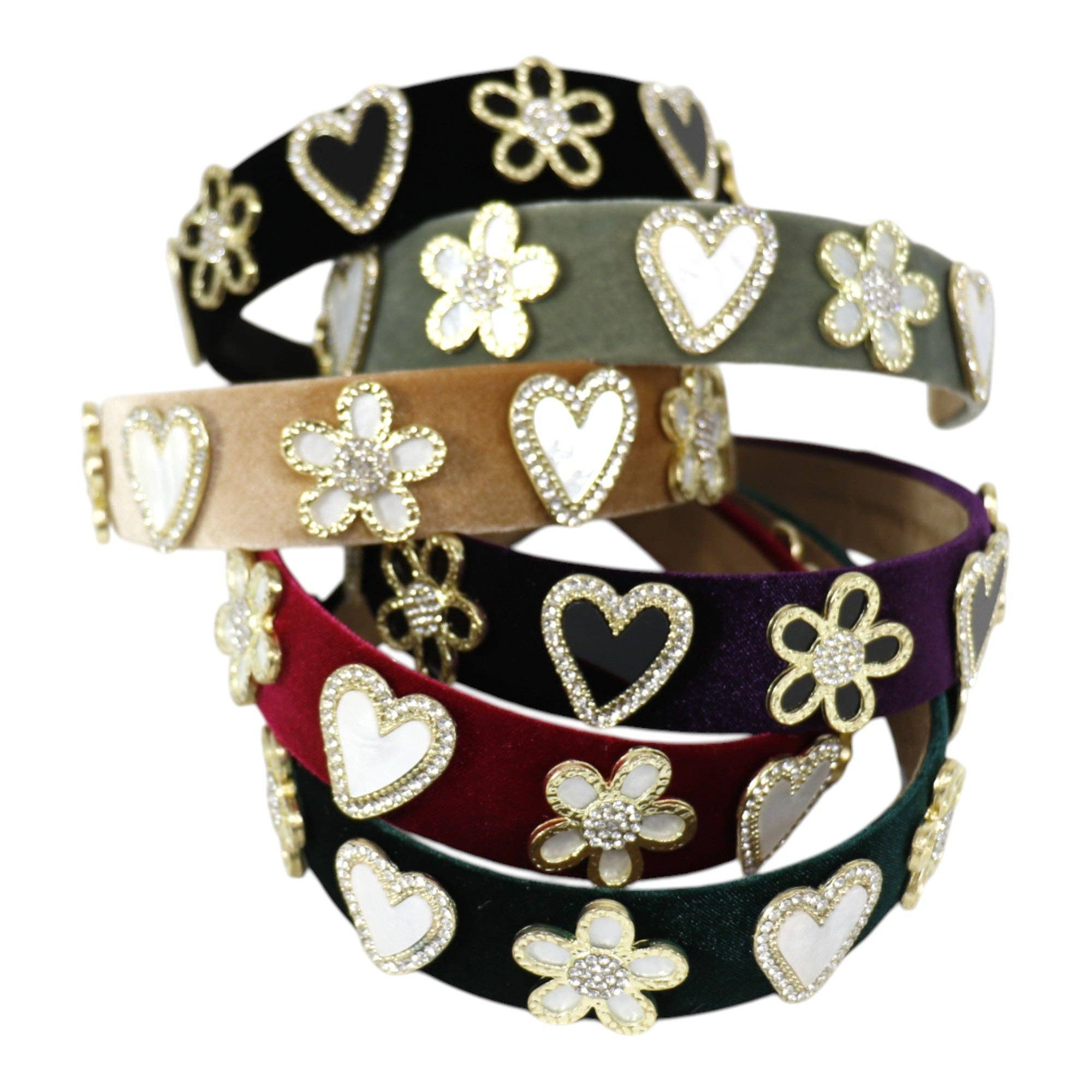 ASSORTED Heart Flower Charm Velvet Headband HB21027-16 (12PC) for wholesale on Faire6