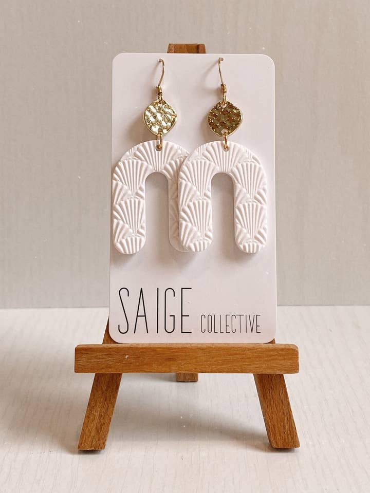 Lucky - White Scallop Clay Earrings for wholesale by Saige Collective