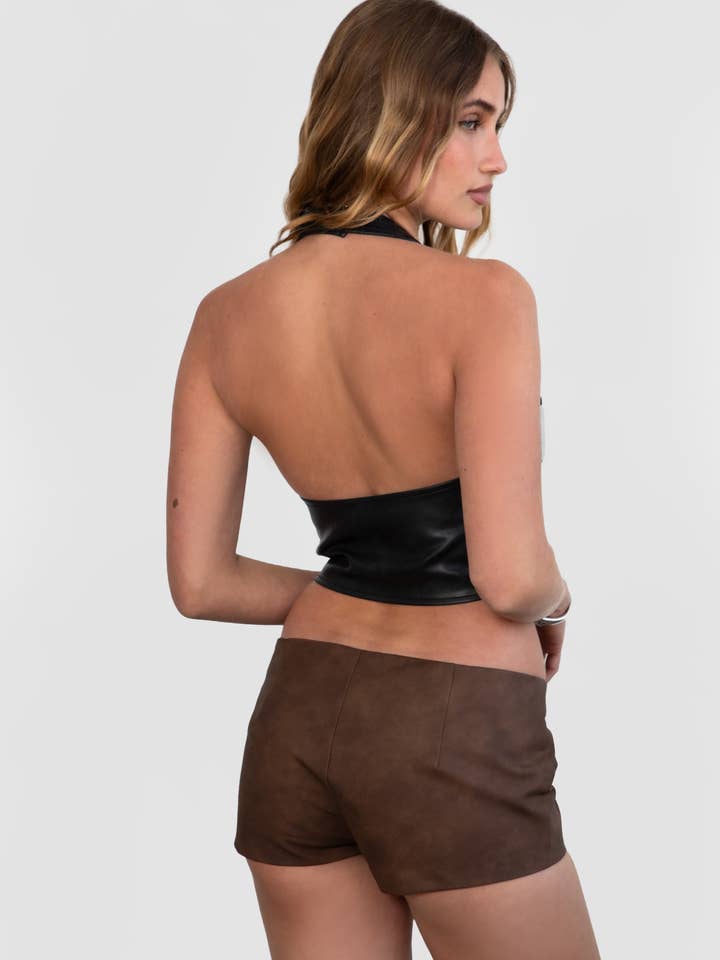 TICTOC - Wholesale Blouse - Women's - CARA Lightweight PU Vegan Leather V Neck Lace Up Halter Top2