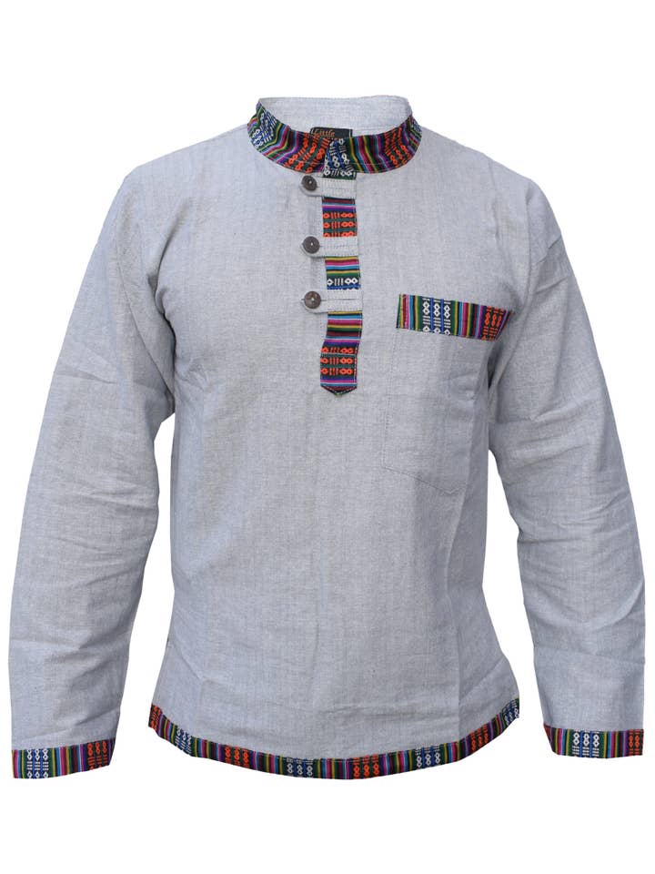 Gheri - Wholesale Button Down Shirt - Men's - Ethnic Border Hemp Cotton Grandad Collar Shirt1