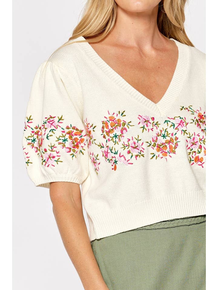 CREAM ILT5011 Floral Embroidered Short Puff Sleeve Sweater Top for wholesale on Faire2