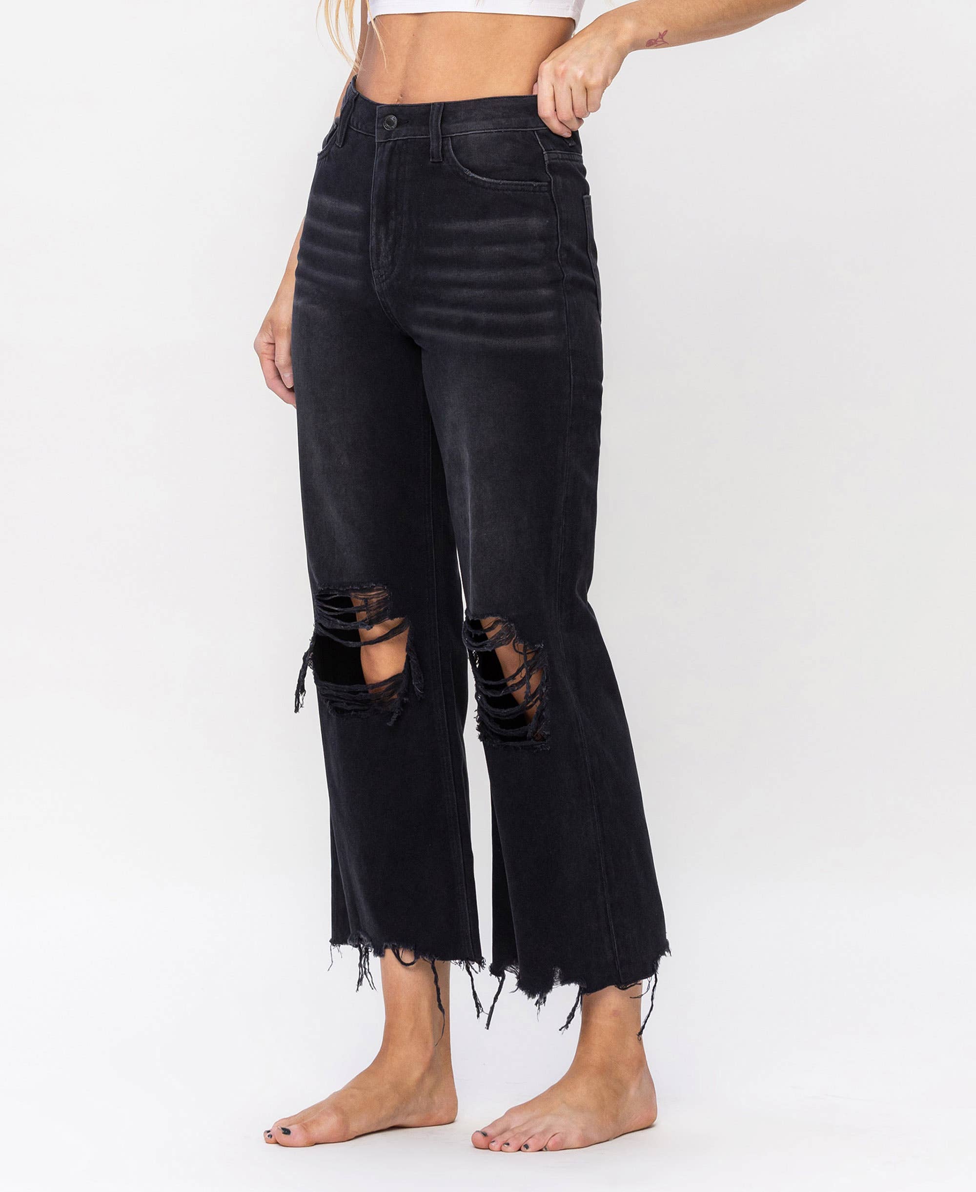 BLACK 90'S VINTAGE SUPER HIGH RISE CROP FLARE JEANS V2736BK for wholesale on Faire4
