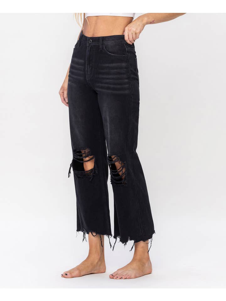 BLACK 90'S VINTAGE SUPER HIGH RISE CROP FLARE JEANS V2736BK for wholesale on Faire4
