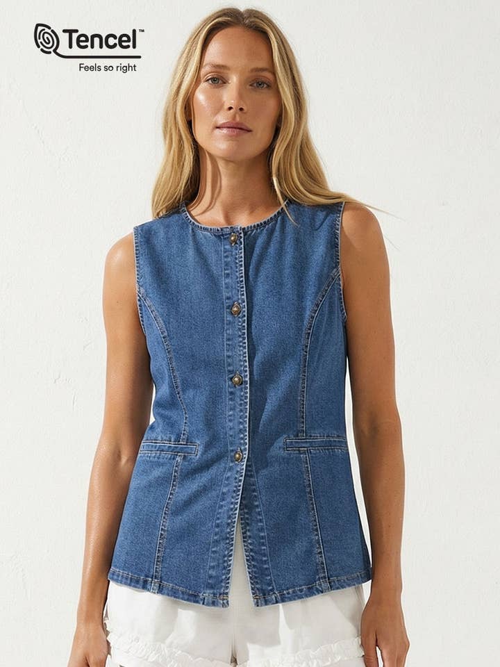 Sleeveless Longline Denim Vest Top for wholesale by Naked Zebra