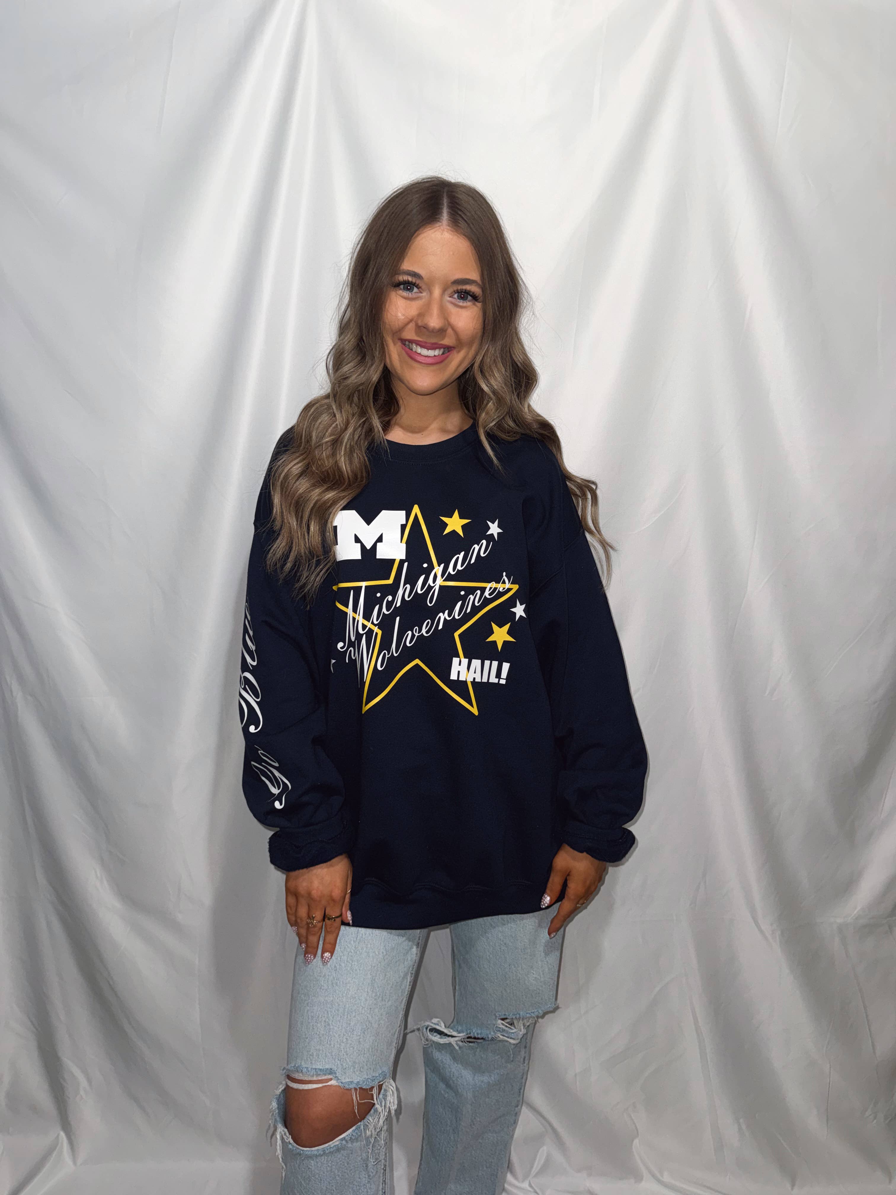 19 The Label - Wholesale Graphic Sweatshirt - Unisex - Michigan Wolverines Star Crewneck Sweatshirt - Navy2