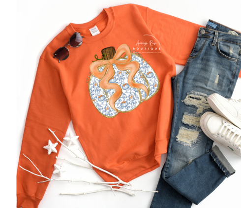Trendy Chic Apparel LLC - Wholesale Graphic Sweatshirt - Women's - Preppy Blue Floral Pumpkin Tees & Sweatshirts2