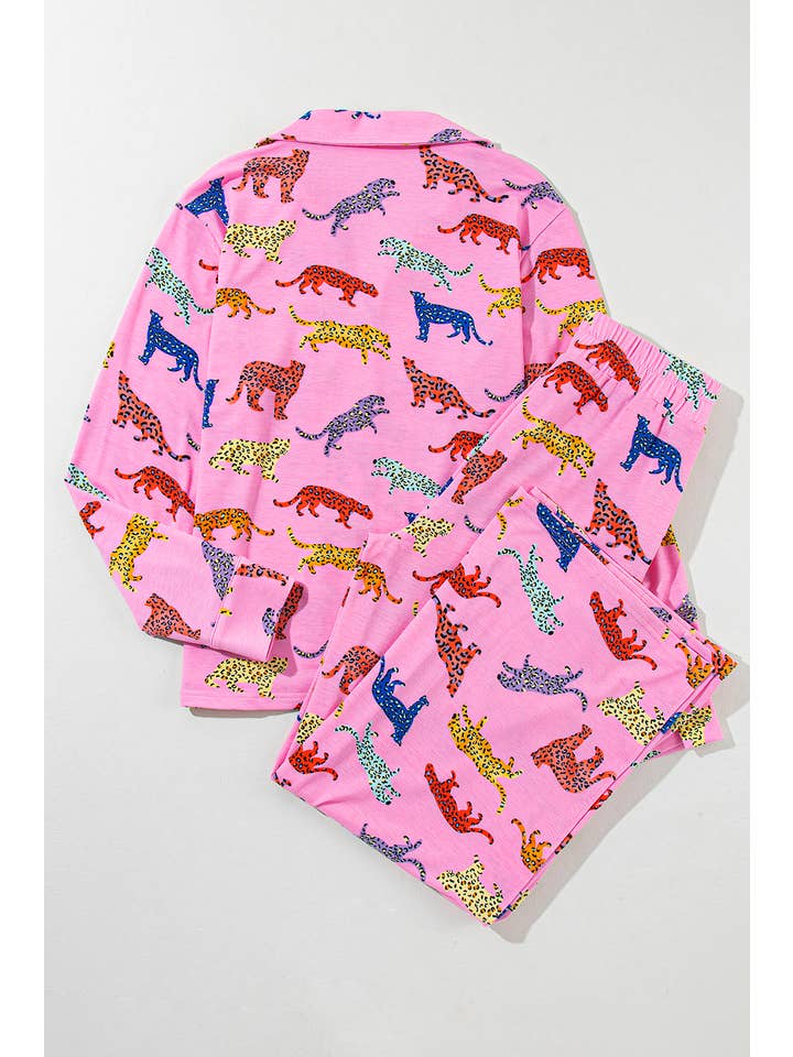 Pink Cheetah Print Long Sleeve Shirt and Pants Pajama Set for wholesale on Faire3
