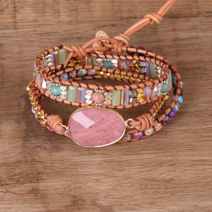 Pulseira Boémia de Quartzo Rosa com Camadas Múltiplas de Contas por atacado de Gemcohub