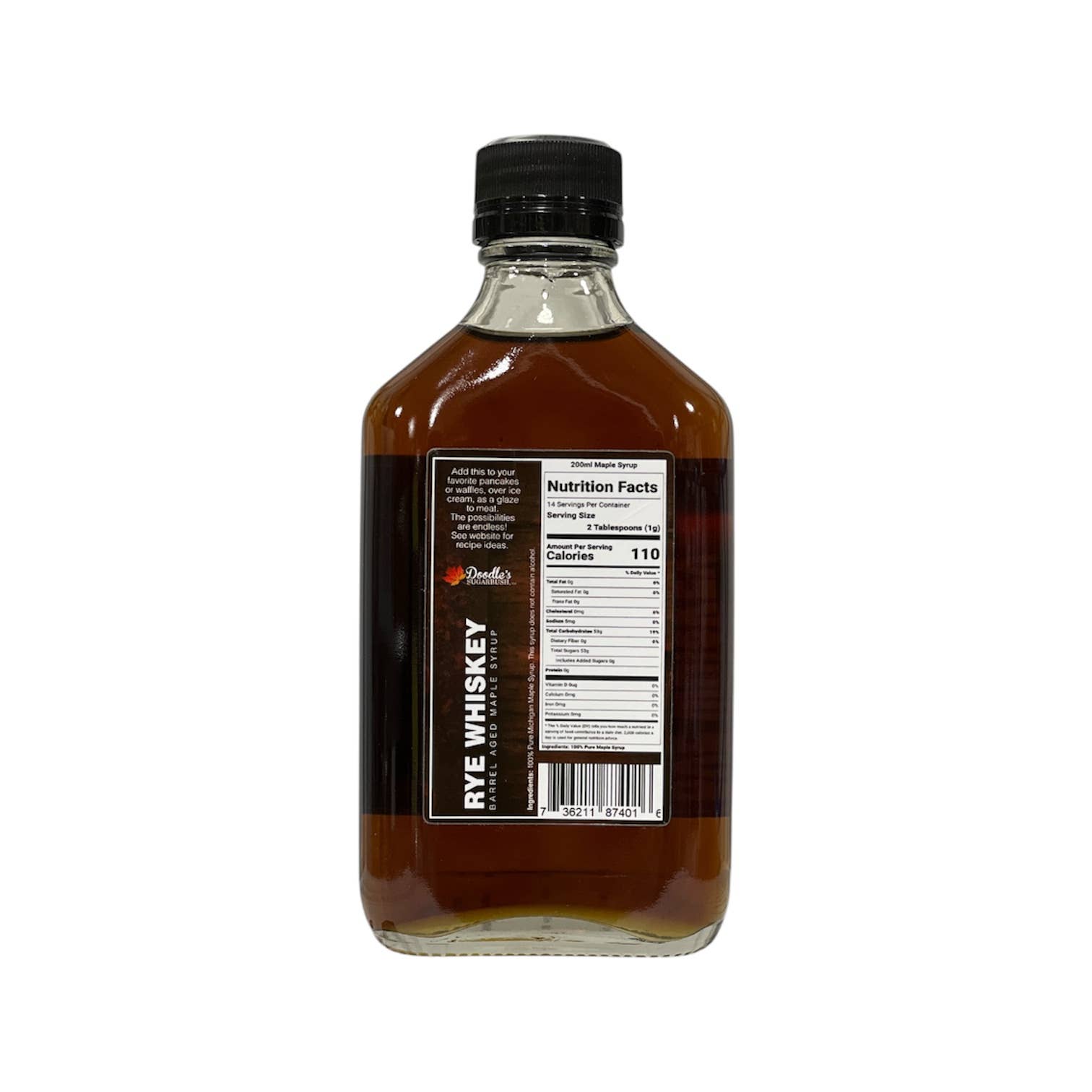 Doodle's Sugarbush, LLC - Pure Michigan Maple Syrup - Wholesale Maple Syrup - Rye Whiskey Barrel Aged Maple Syrup - 200ml glass flask1