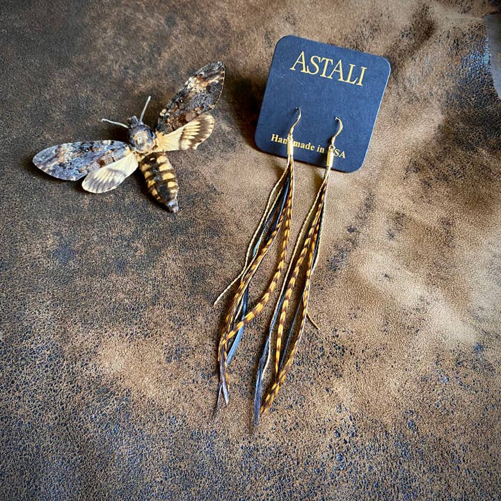 Mini Feather Earrings - Amber Grizzly & Black/Gold, Boho for wholesale on Faire0