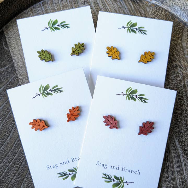 Stag and Branch - Wholesale Stud/Post Earrings - Oak Leaf Wood Stud Earrings | Laser Cut Wood Stud Earrings,5
