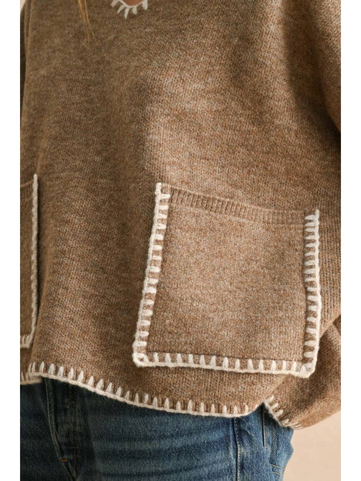 MIOU MUSE - Wholesale Knit Sweater - Women's - T4041 STITCH DETAILED V-NECK SWEATER TOP4