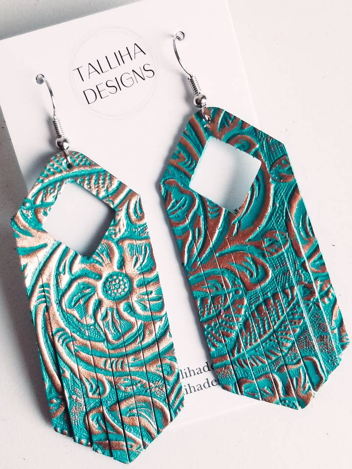 Boho Western Fringe van echt leer in turkoois en roségoud voor wholesale door Talliha Designs