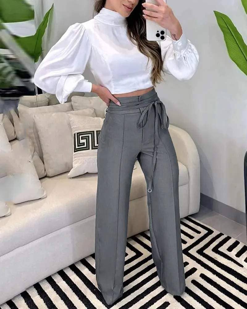 Queen Fashion - Wholesale Pants - Women's - tied detail straight leg work pants3