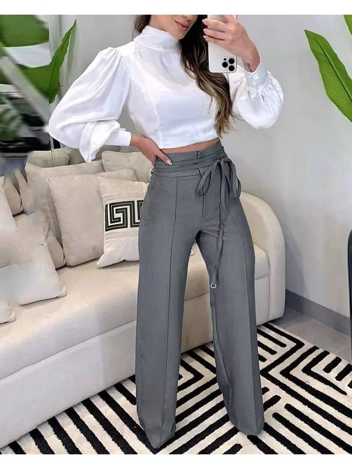 Queen Fashion - Wholesale Pants - Women's - tied detail straight leg work pants3