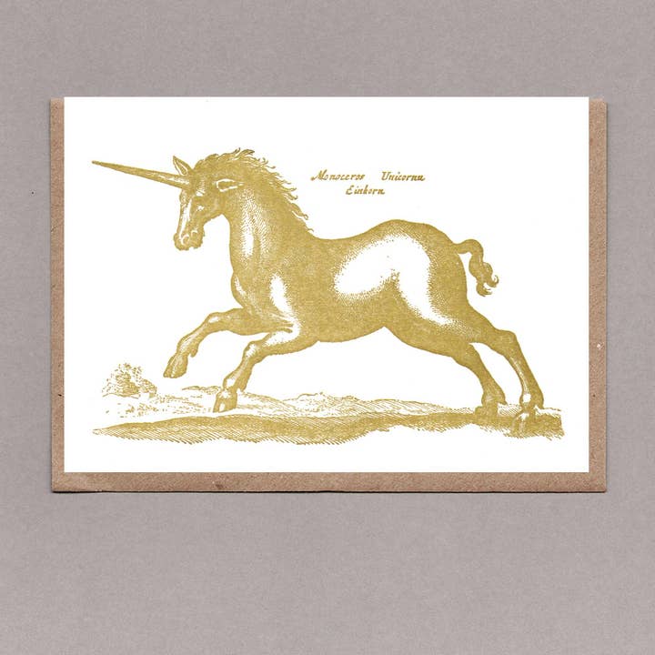 Biglietto di auguri a forma di unicorno dorato, ecologico per la vendita all'ingrosso da parte di The Passenger Press