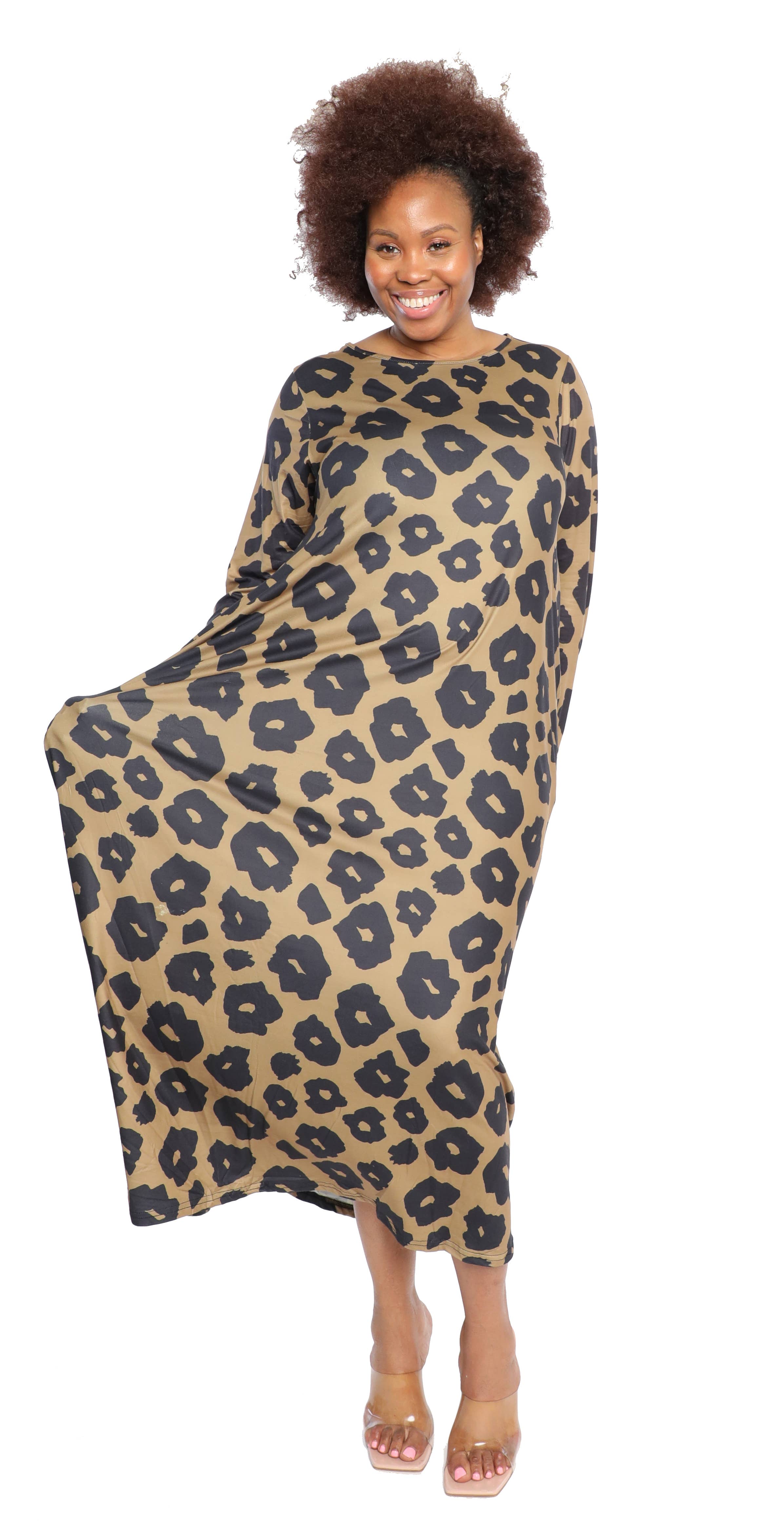 Bruin 21075 Maxi-jurk met lange mouwen voor dames met dierenprint voor groothandel op Faire1