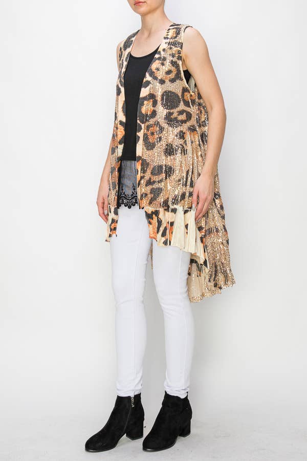 Leo Glam Satin Trimmed Sequin Duster Vest-4648 GOLD-LEO for wholesale on Faire2