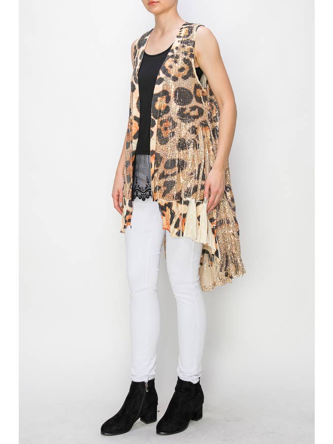 Leo Glam Satin Trimmed Sequin Duster Vest-4648 GOLD-LEO for wholesale on Faire2