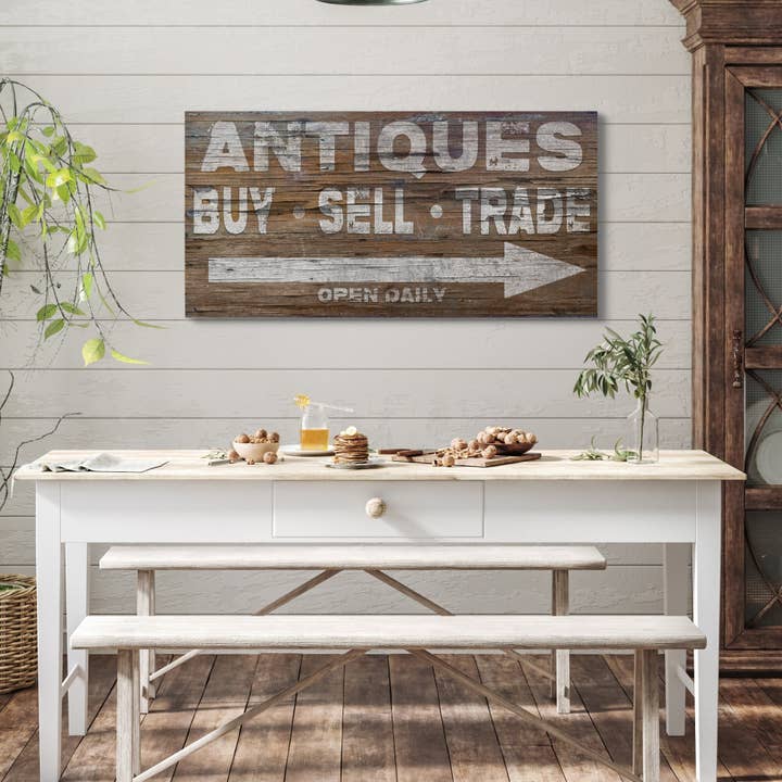 Antiques Faux Wood Large Canvas Sign, Farmhouse Decor for wholesale by Olive Branch Farmhouse