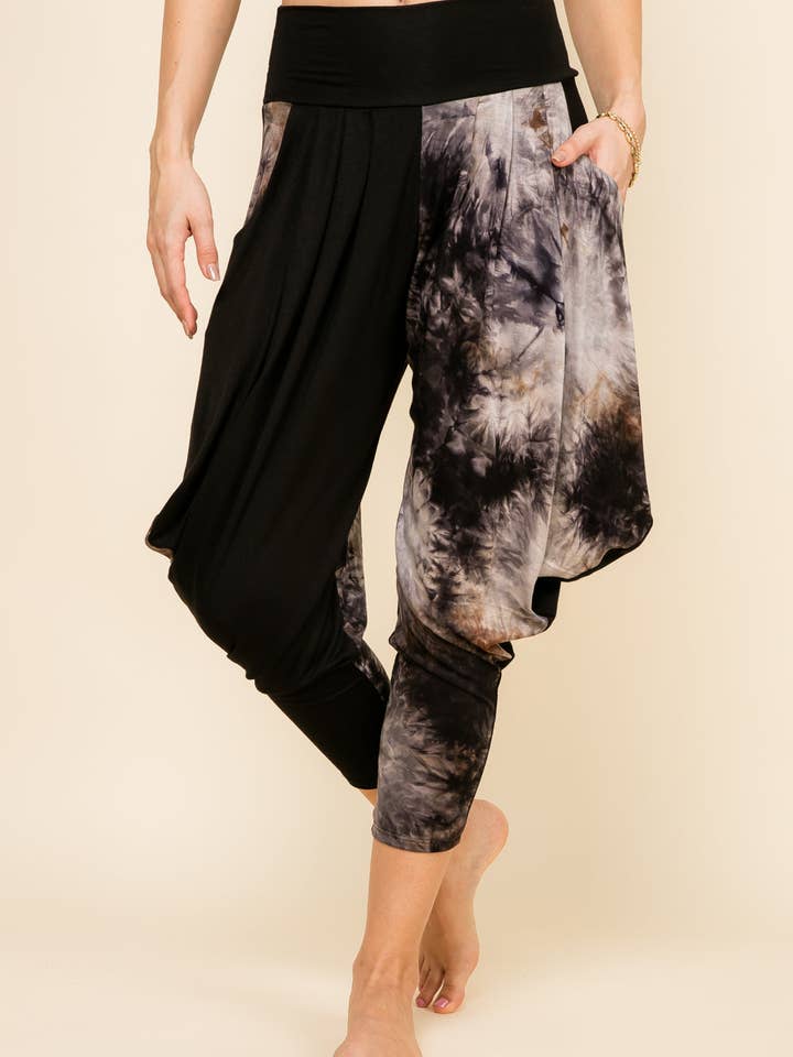 Calças lounge harém em patchwork pretas para mulher – Fabricadas nos EUA | Kooniez por atacado de Kooniez