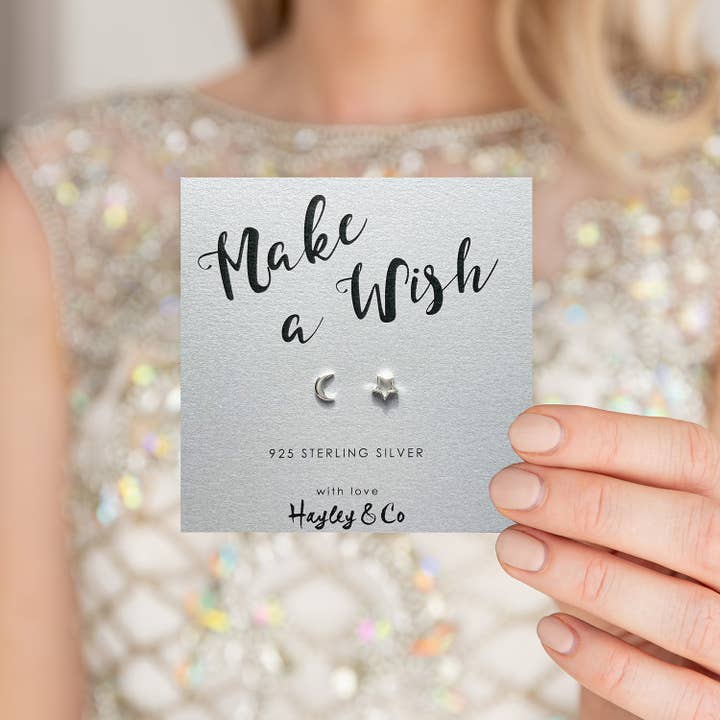 Star and Moon Sterling Silver Earrings for wholesale by Hayley & Co