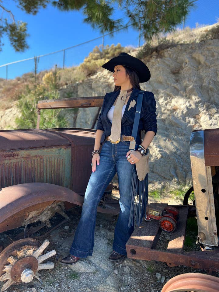 Willa Crossbody Navy Leather Fringe Western Handbag for wholesale by Dirty Mojave