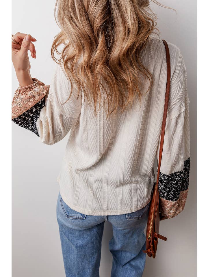 Little Daisy Closet - Wholesale Knit Top - Women's - LDC Floral Patchwork Textured Knit Drawstring V Neck Blouse