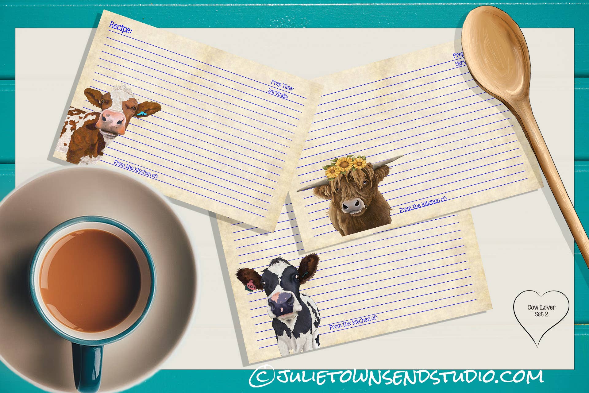 Julie Townsend Studio - Wholesale Recipe Card - Recipe Cards - Set of 12 Cute Cow Recipe Cards - COW LOVER 11