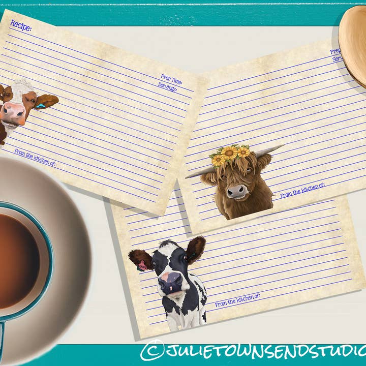 Julie Townsend Studio - Wholesale Recipe Card - Recipe Cards - Set of 12 Cute Cow Recipe Cards - COW LOVER 11