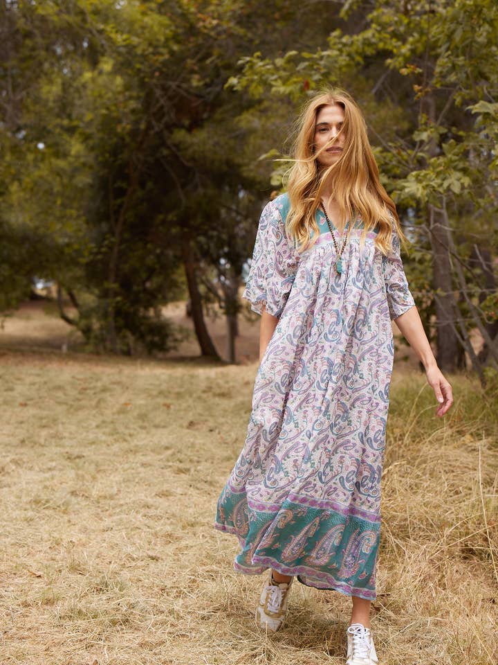 Kronblad Trykt Maxi Kjole Korte ærmer Teal for engroshandel hos Blue Boheme