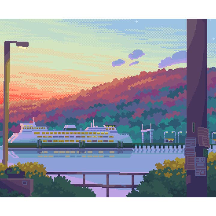 Seattle Pixel Art Print - Ferry 16x20 for wholesale by my_art_bytes