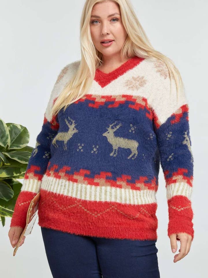 Red CHRISTMAS V NECK LOOSE FIT UGLY SWEATER for wholesale on Faire7