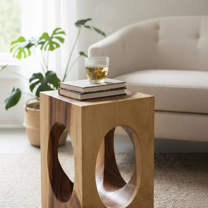 Handgemaakte houten bijzettafel – Vierkant met O-uitsnede van Suarhout 45x30x30 cm voor wholesale door SchnappFreude