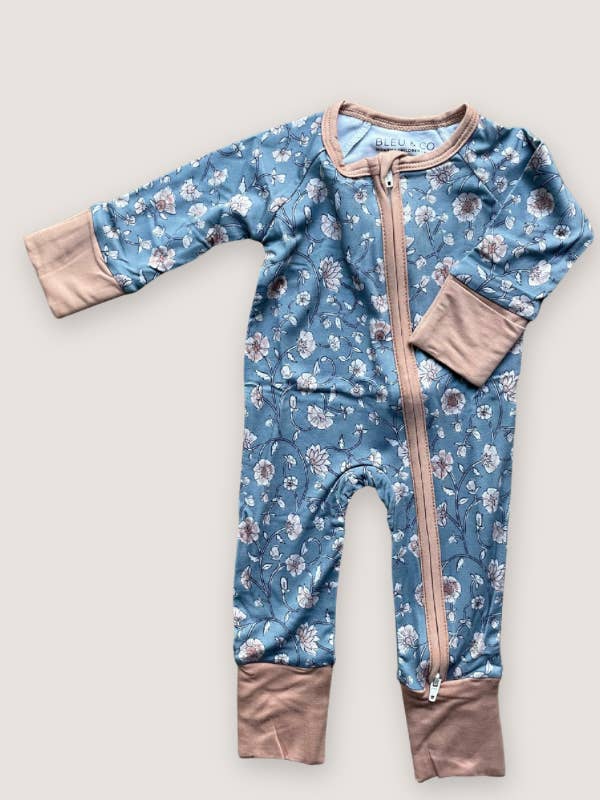 Convertible Two-Way Ruffled Zipper One Piece | Dusty Blue Floral for wholesale by Bleu & Co