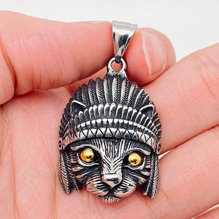 Vintage Stainless Steel Indian Cat Pendant - MJ/MNP for wholesale by Mio Queena