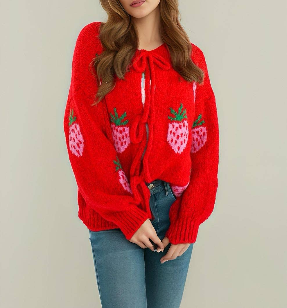 Miss Sparkling – wholesale Kofta - Dam – Cardigan med jordgubbar och knytband fram