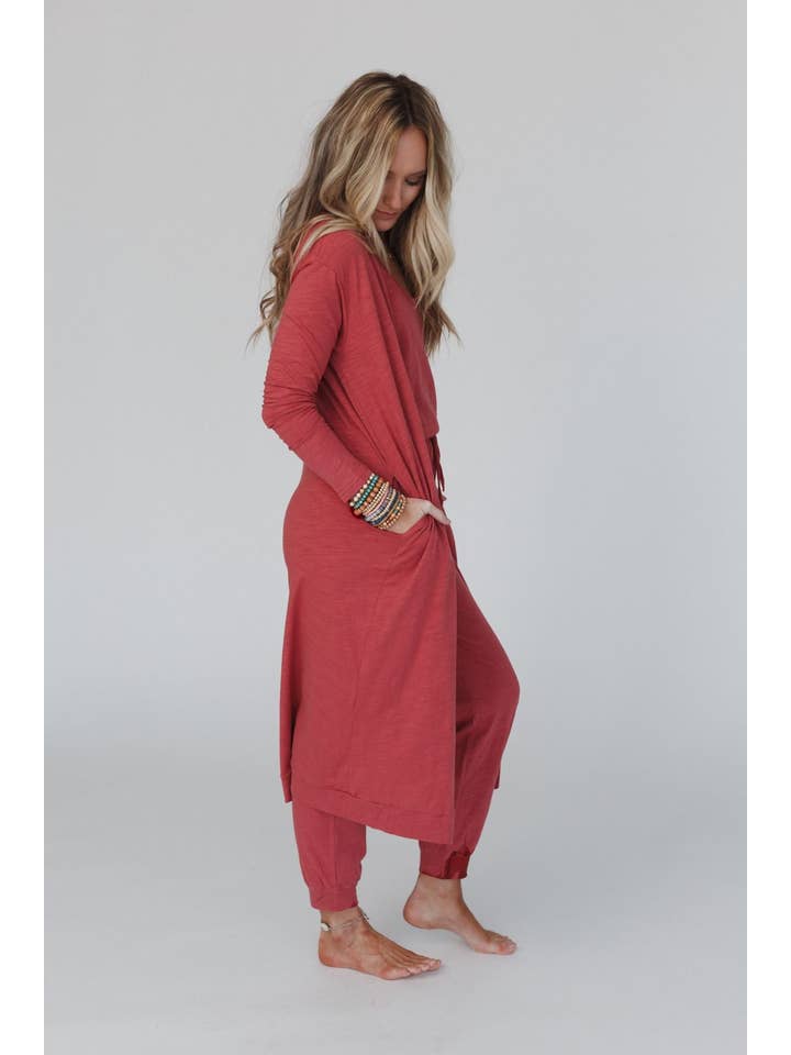 Set to Go Textured Jumpsuit And Cardigan Set - Deep Rust for wholesale on Faire