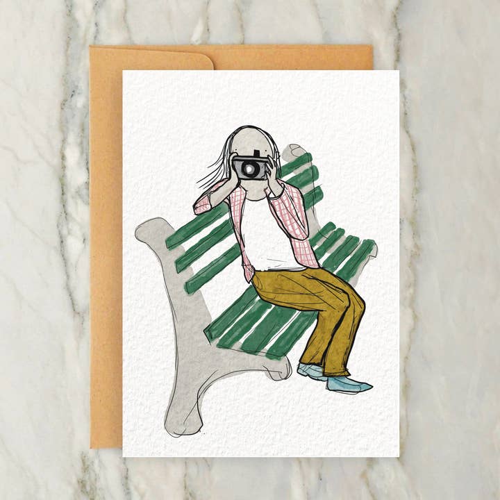 Photographer on a Bench 4x5" Greeting Card - NYC Artist for wholesale by Hudson Illustration Co - About Town Co