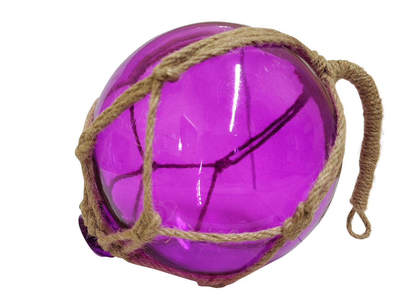 Hampton Nautical - Wholesale Decorative Tabletop Object - Purple Japanese Glass Ball Fishing Float With Brown Netting Decoration 6"3
