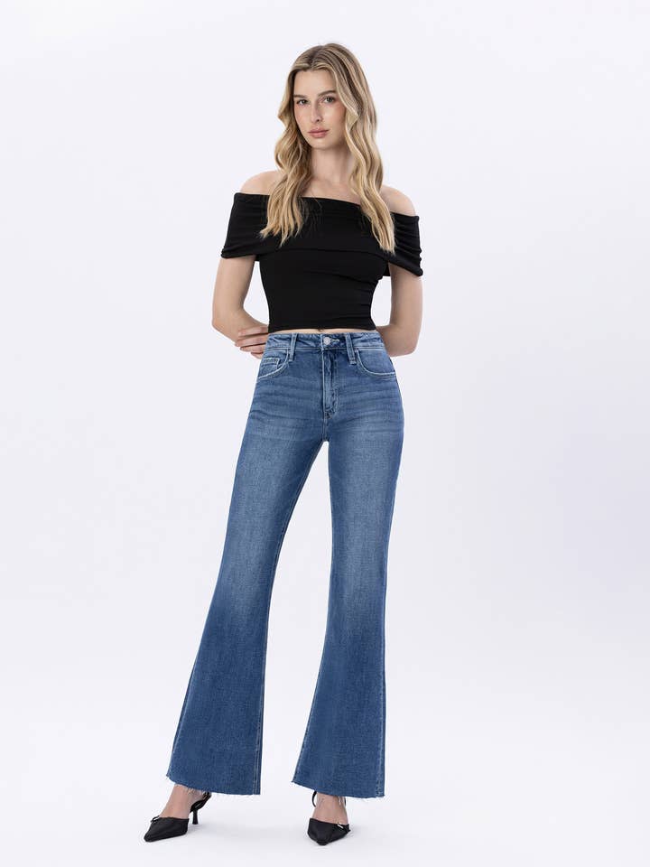 HIGH RISE RAW HEM RELAXED FLARE JEANS T6470 for wholesale by VERVET by FLYING MONKEY