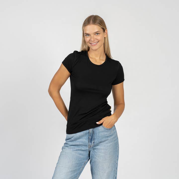 Women's Merino Wool Short Sleeve Black T-Shirt for wholesale by menique