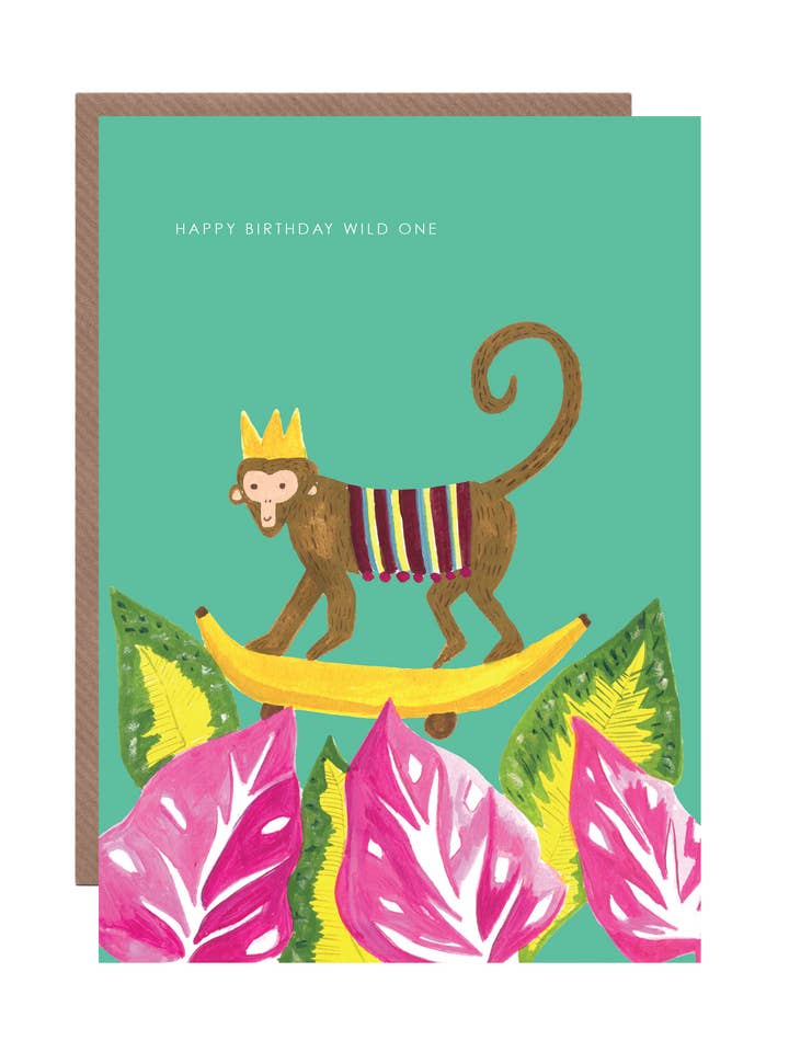 Biglietto di auguri di compleanno «Monkey on Banana» per la vendita all'ingrosso da parte di Hutch Cassidy (Greetings Cards and Paper Goods)