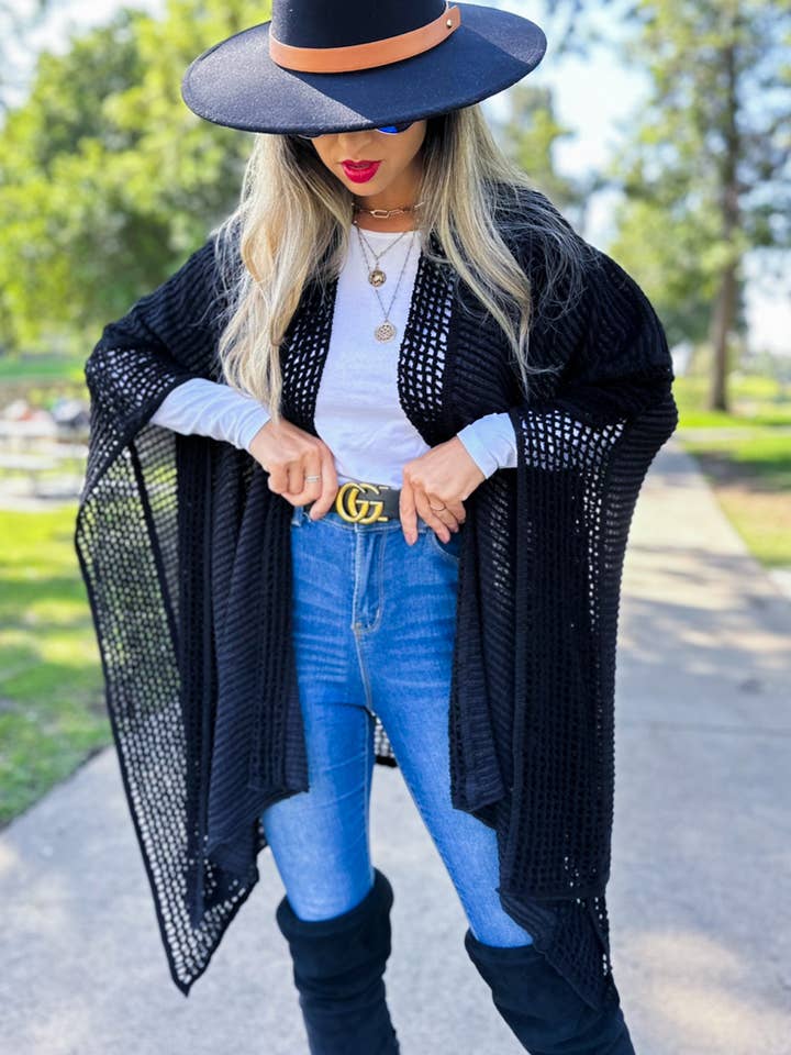 Black 3D Texture Lace Knit Detail Soft shawl Kimono Cardigan for wholesale on Faire