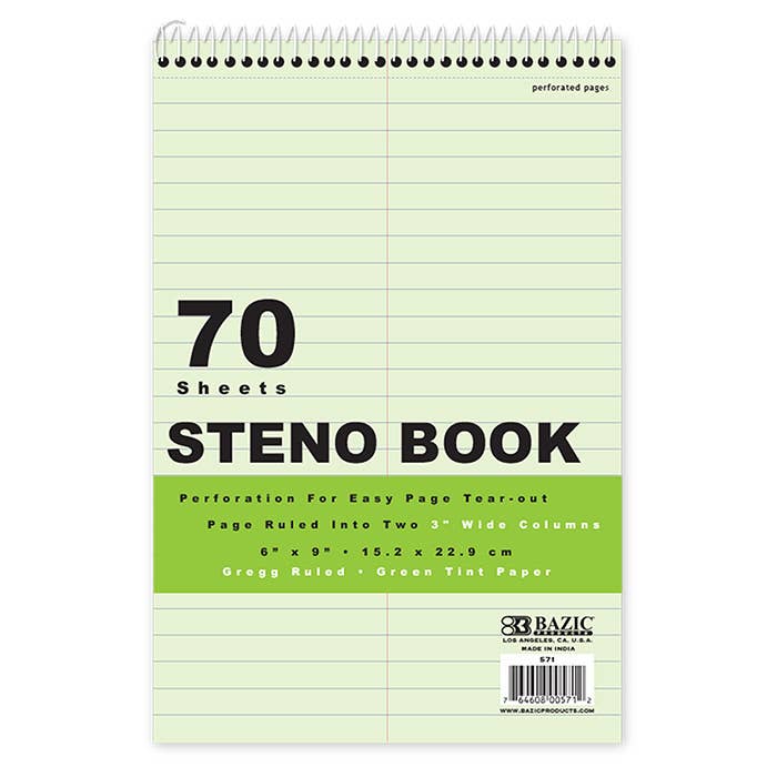 Luna Office Supply - Everyday Essential - Vente Cahiers - Livre de sténographie ligné Gregg Vert 15,2 x 9 po