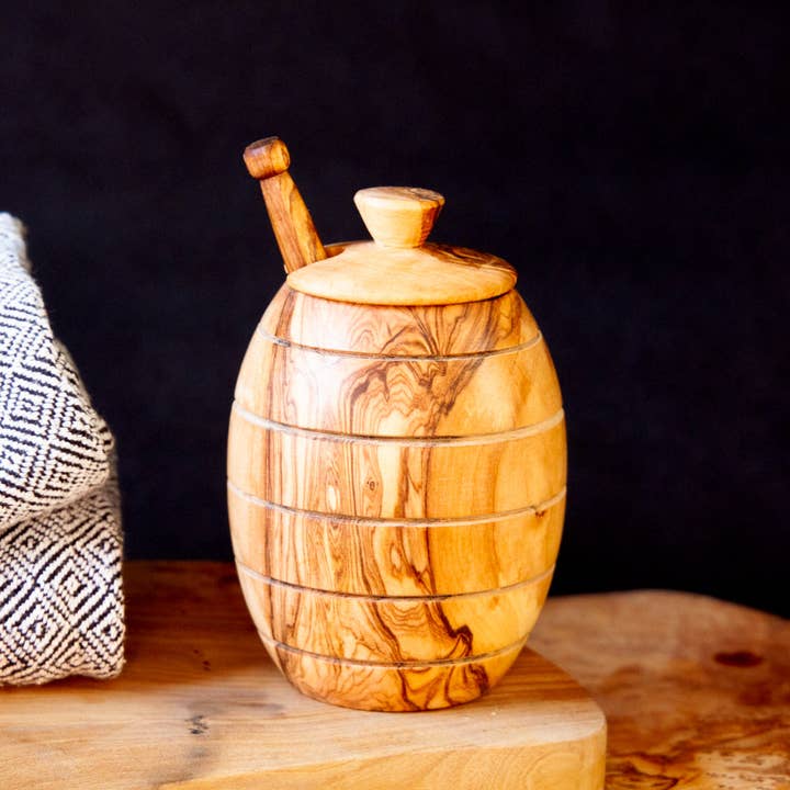 Olive Wood Honey Jar for wholesale by Vesper & Vine
